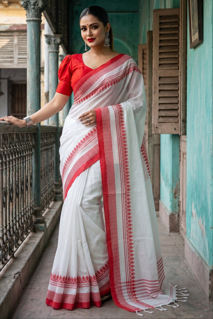 Graceful White Red Pure Cotton Saree