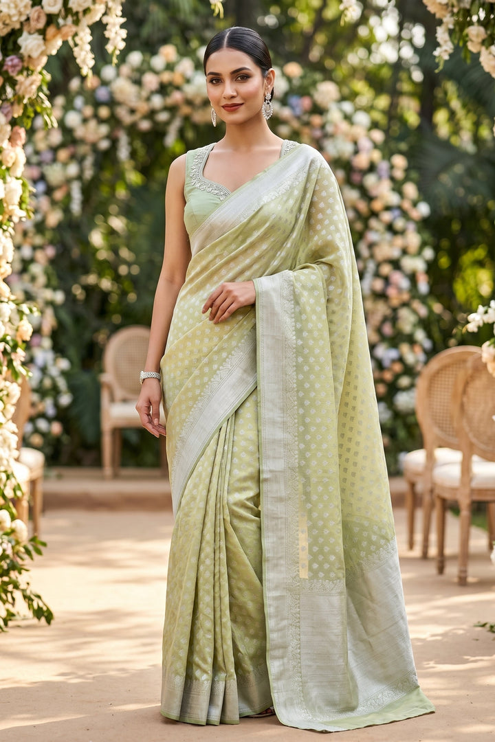 Butidar -Banarasi Cotton Silk Saree(Pista Color)