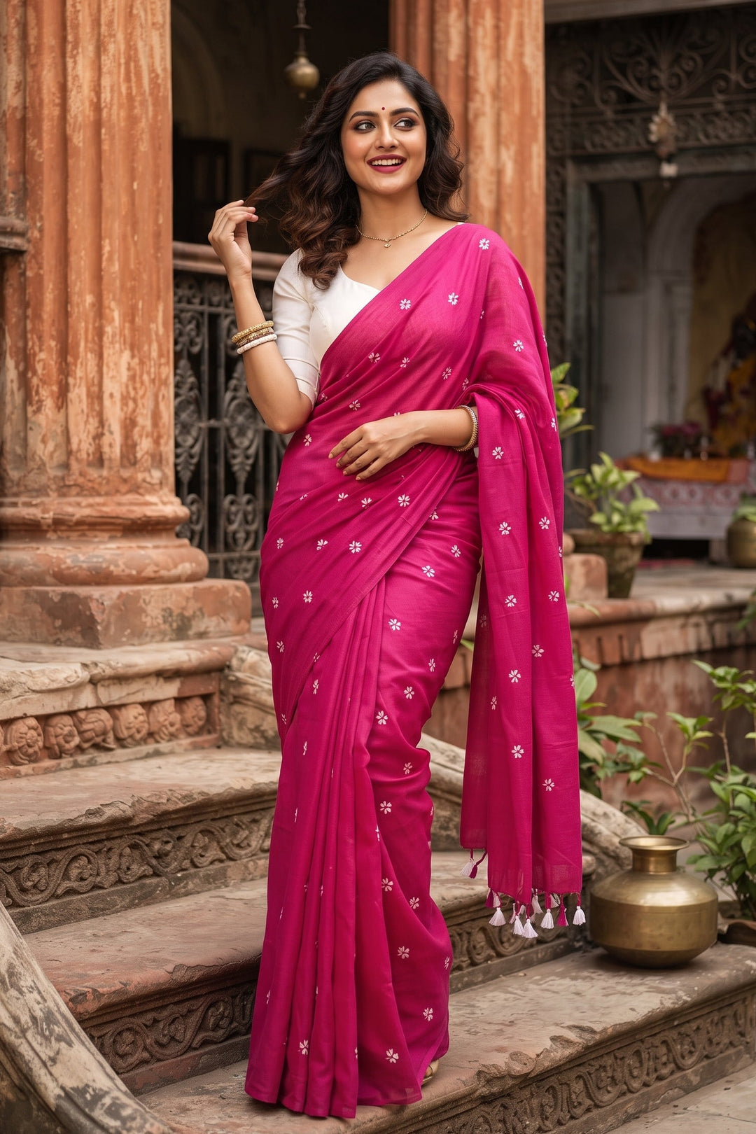 Bengal Shiuli(Jasmine) khadi Saree In Pink