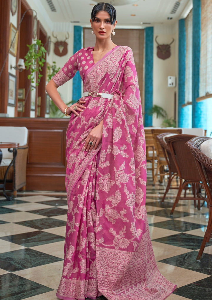 Symphony In pink- Lucknowi Chikankari Weaving Saree