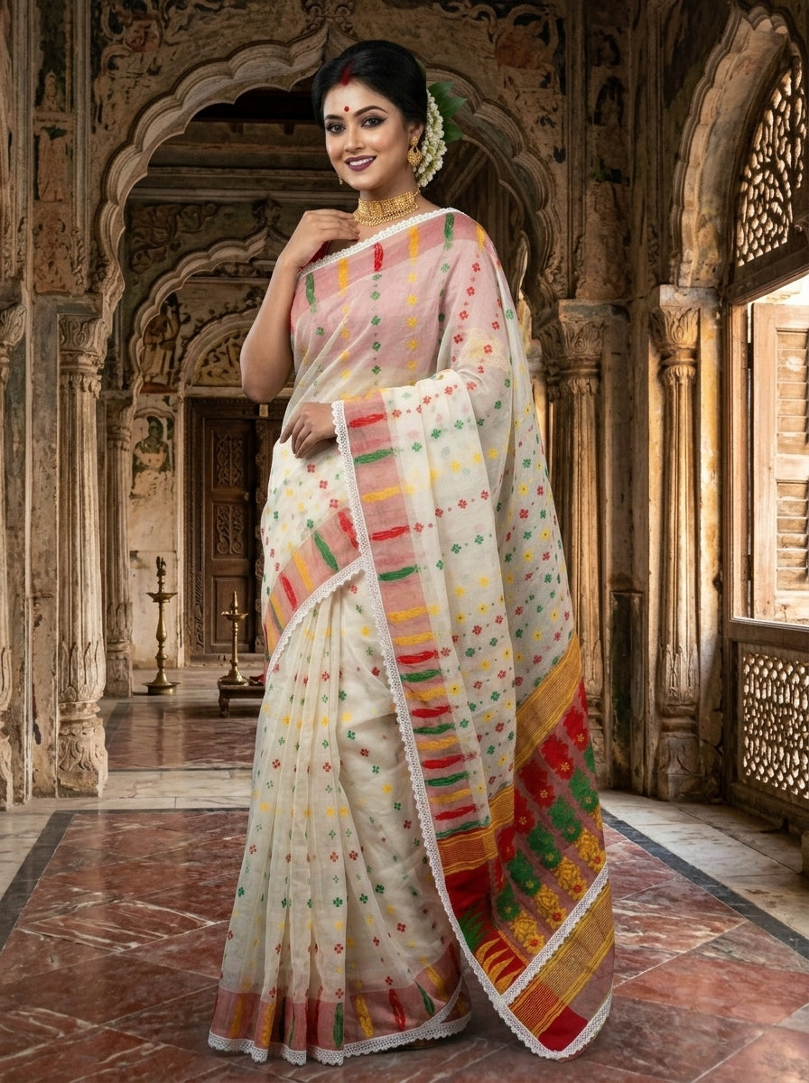 Binodini Bengal Jamdani Saree (White, Red Border)