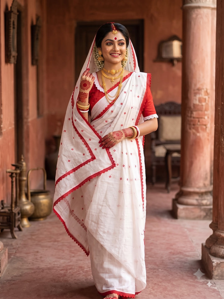 অনন্যা Ananya Bengal Jamdani Saree (White& Red)