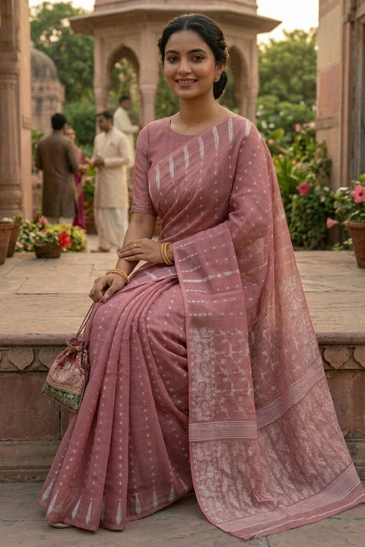 Shatarupa Bengal Jamdani Saree (Dusty Rose pink)