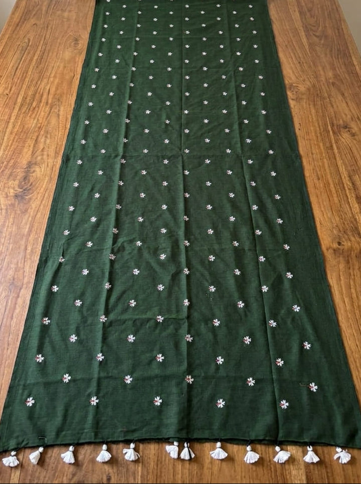 Bengal Shiuli(Jasmine) khadi Saree In Bottle Green