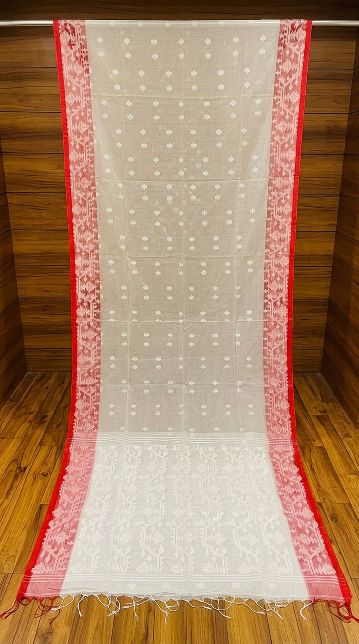 Hiyar Majhe Muslin Cotton Saree (White Saree Red Border)