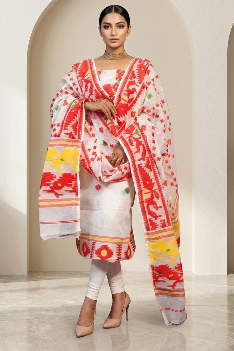 Bhorer Alo Cotton Jamdani Unstitched Dress Material (Kurti Piece and Dupatta)