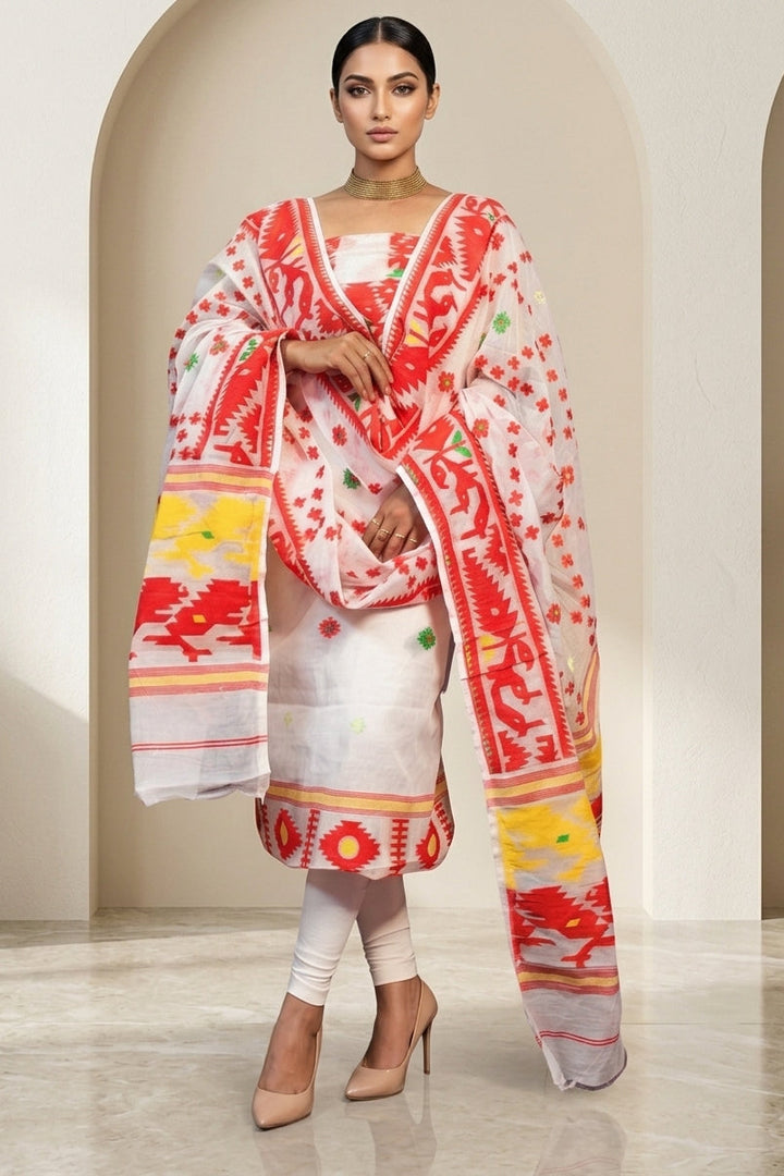 Bhorer Alo Cotton Jamdani Unstitched Dress Material (Kurti Piece and Dupatta)