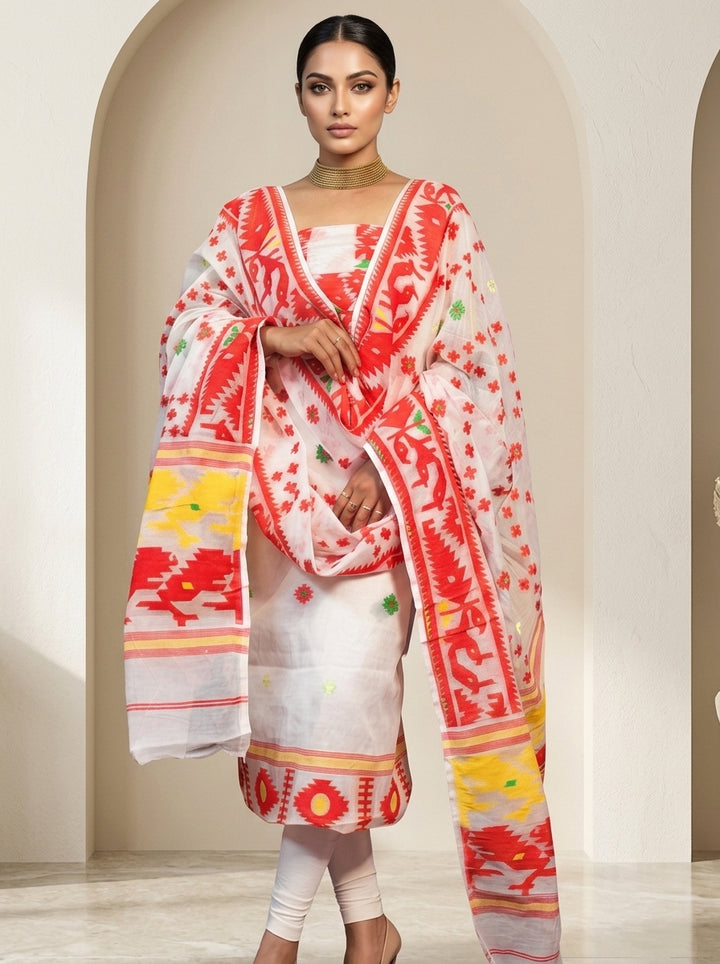 Bhorer Alo Cotton Jamdani Unstitched Dress Material (Kurti Piece and Dupatta)
