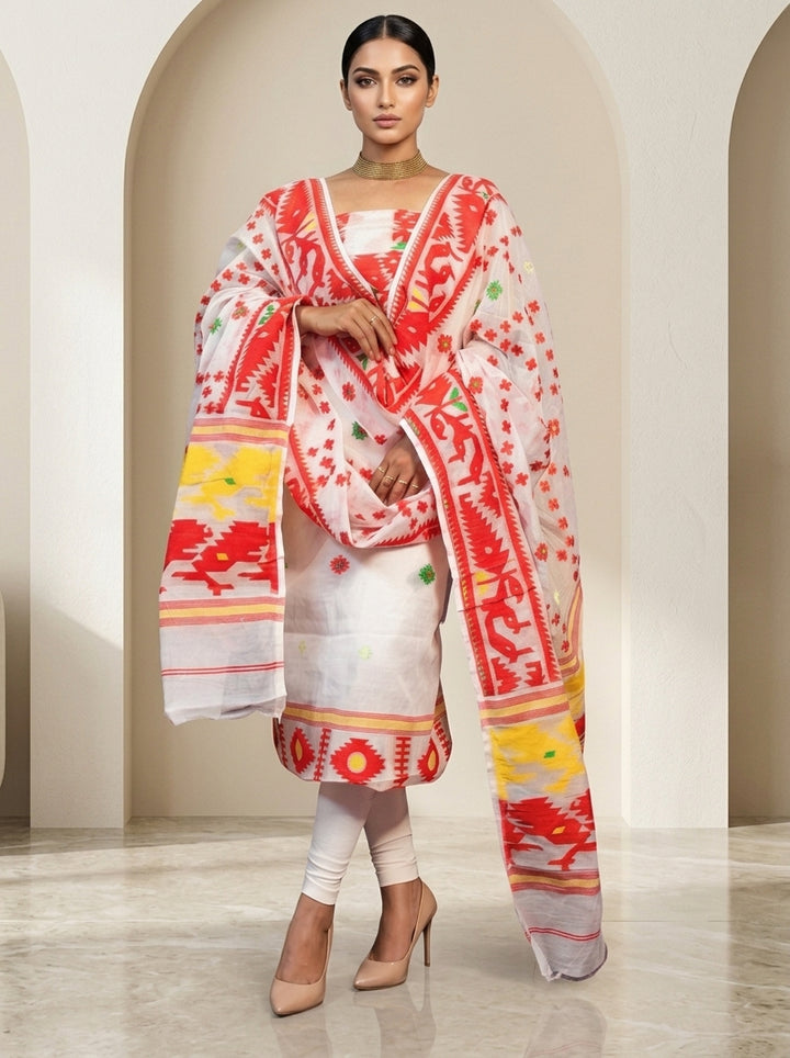 Bhorer Alo Cotton Jamdani Unstitched Dress Material (Kurti Piece and Dupatta)