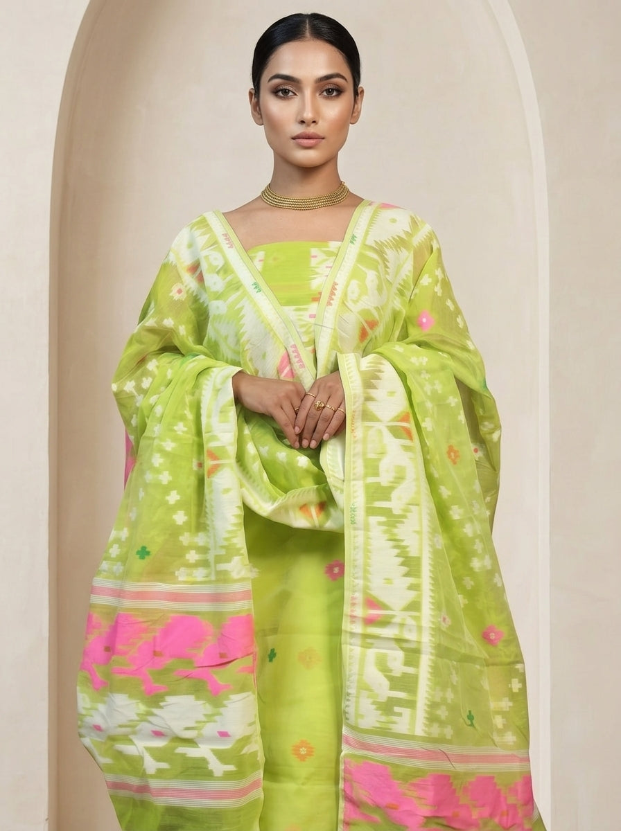 Bhorer Alo Cotton Jamdani Unstitched Dress Material (Kurti Piece and Dupatta)