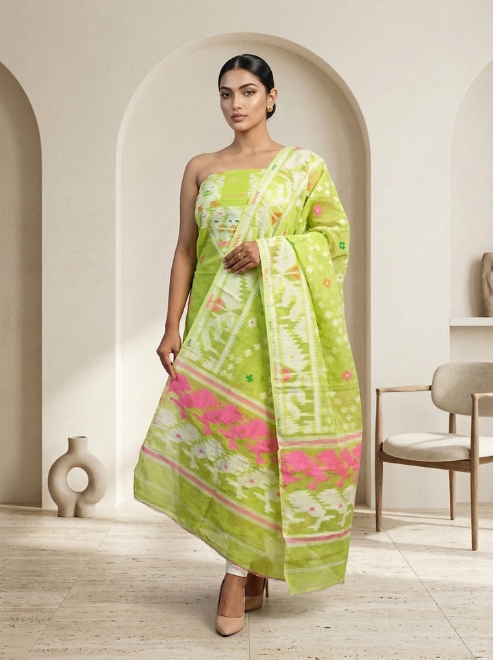 Bhorer Alo Cotton Jamdani Unstitched Dress Material (Kurti Piece and Dupatta)