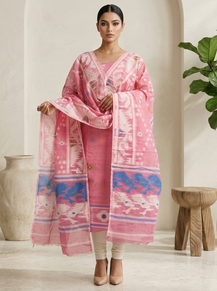 Bhorer Alo Cotton Jamdani Unstitched Dress Material (Kurti Piece and Dupatta)