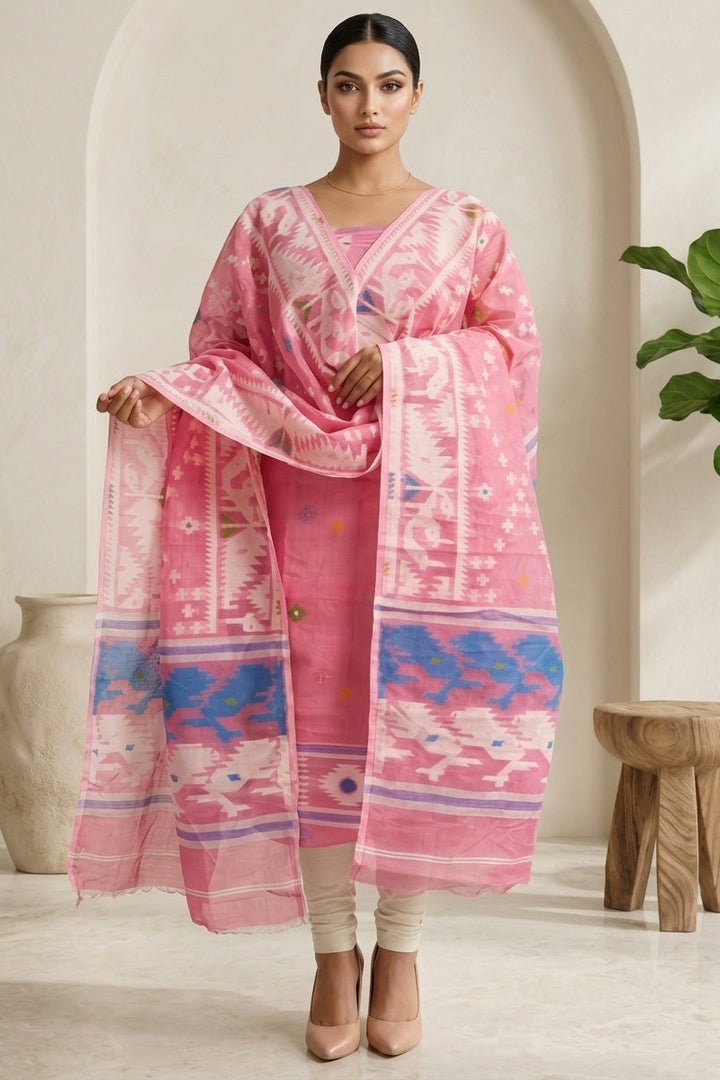 Bhorer Alo Cotton Jamdani Unstitched Dress Material (Kurti Piece and Dupatta)
