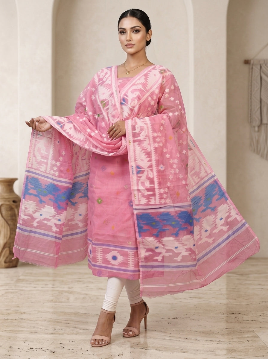 Bhorer Alo Cotton Jamdani Unstitched Dress Material (Kurti Piece and Dupatta)