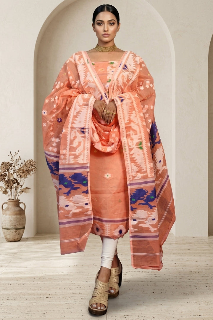 Bhorer Alo Cotton Jamdani Unstitched Dress Material (Kurti Piece and Dupatta)