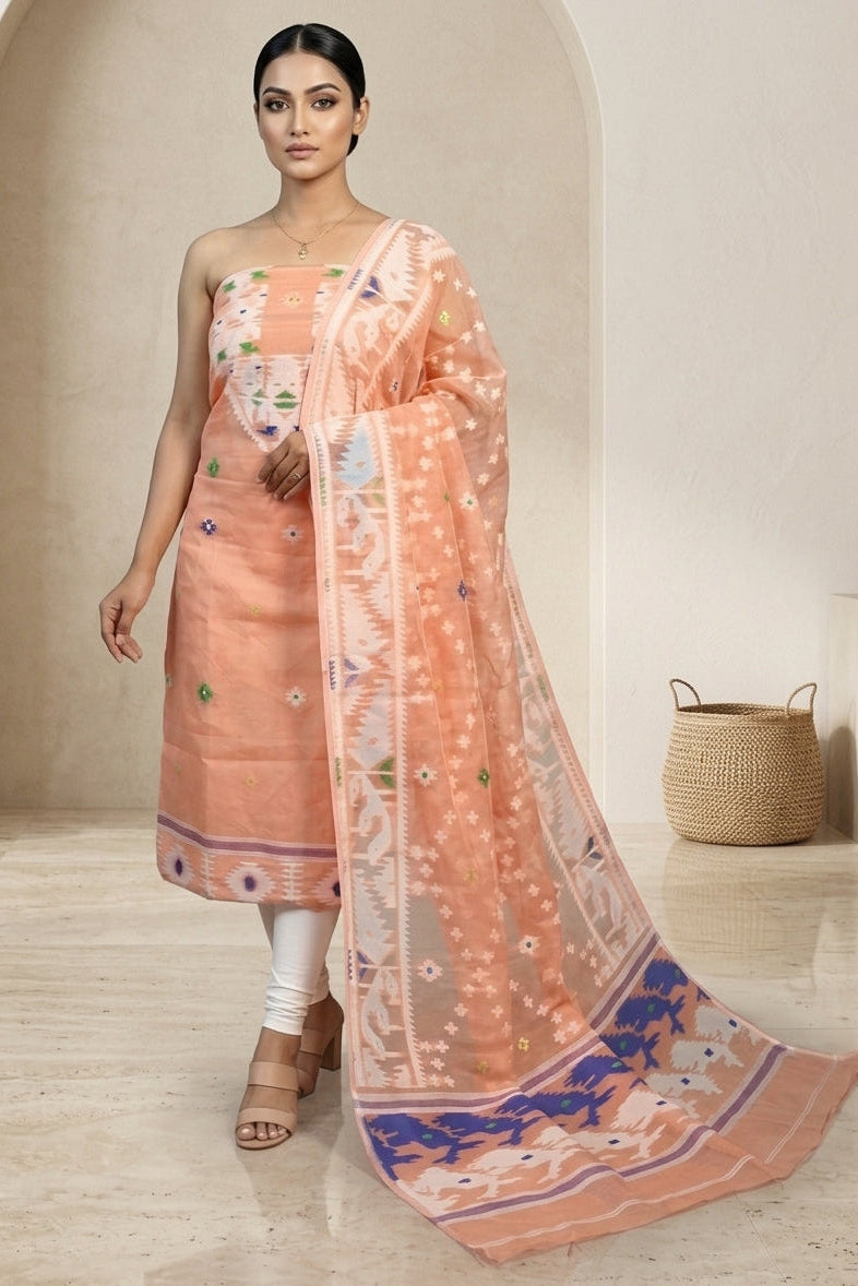 Bhorer Alo Cotton Jamdani Unstitched Dress Material (Kurti Piece and Dupatta)