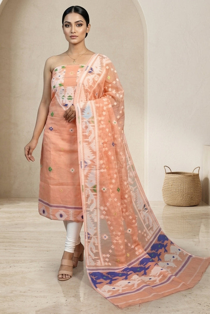 Bhorer Alo Cotton Jamdani Unstitched Dress Material (Kurti Piece and Dupatta)