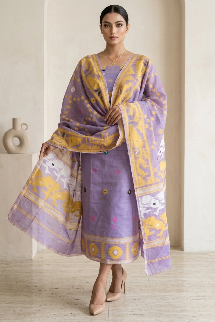 Bhorer Alo Cotton Jamdani Unstitched Dress Material (Kurti Piece and Dupatta)