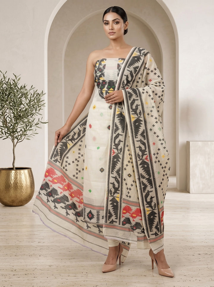 Bhorer Alo Cotton Jamdani Unstitched Dress Material (Kurti Piece and Dupatta)