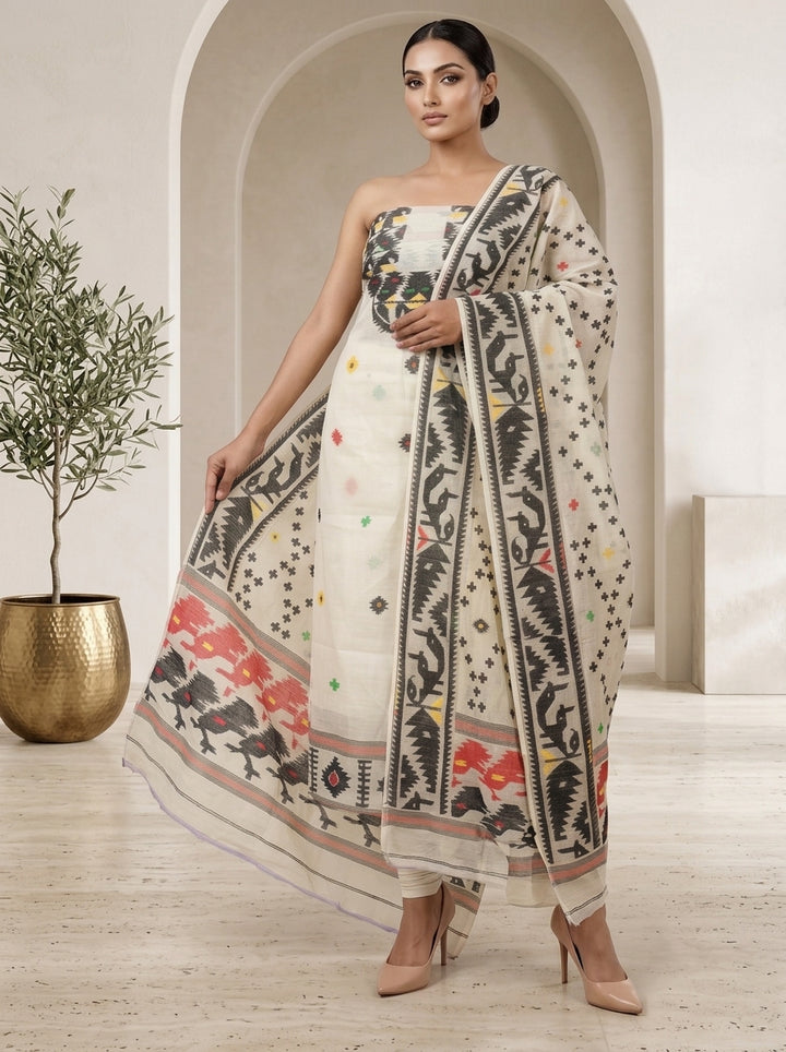 Bhorer Alo Cotton Jamdani Unstitched Dress Material (Kurti Piece and Dupatta)