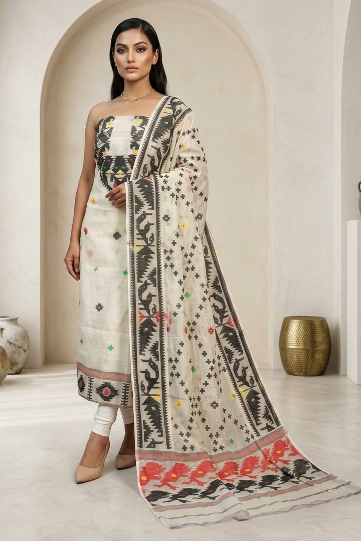 Bhorer Alo Cotton Jamdani Unstitched Dress Material (Kurti Piece and Dupatta)