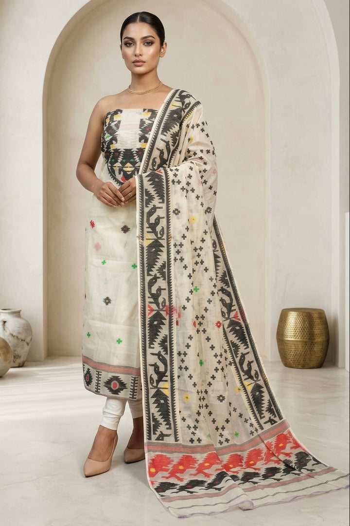 Bhorer Alo Cotton Jamdani Unstitched Dress Material (Kurti Piece and Dupatta)