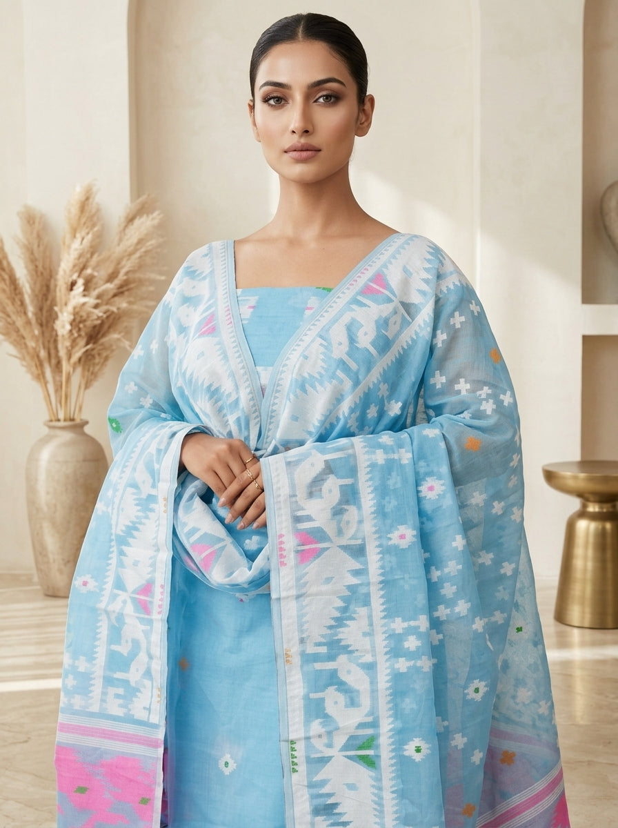 Bhorer Alo Cotton Jamdani Unstitched Dress Material (Kurti Piece and Dupatta)