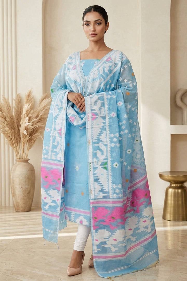 Bhorer Alo Cotton Jamdani Unstitched Dress Material (Kurti Piece and Dupatta)