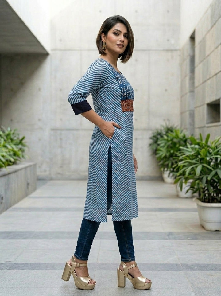 Indigo Leheriya Fusion Cotton Kurti