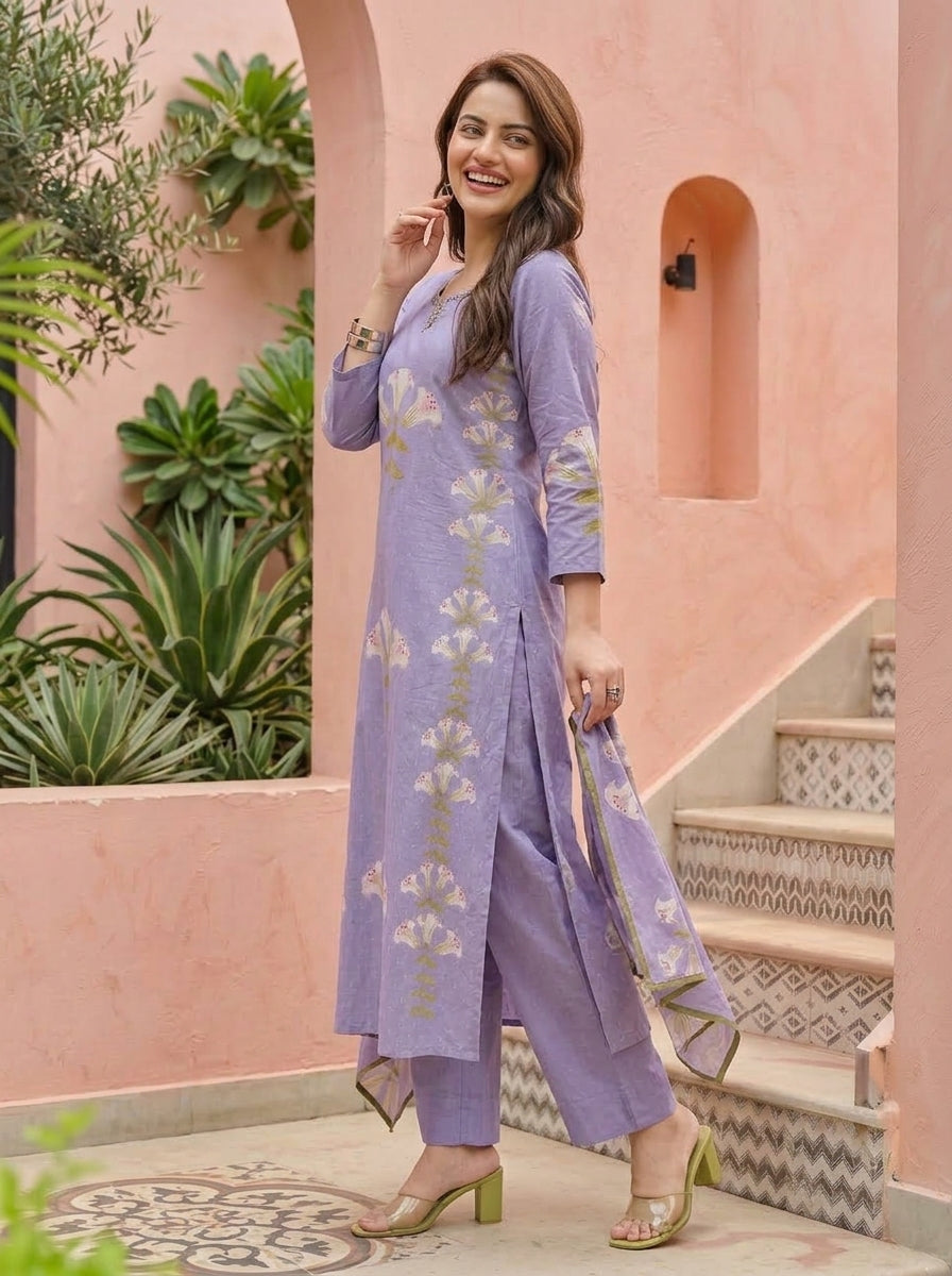 Lavendar Love Cotton Kurti Set (Lavendar)