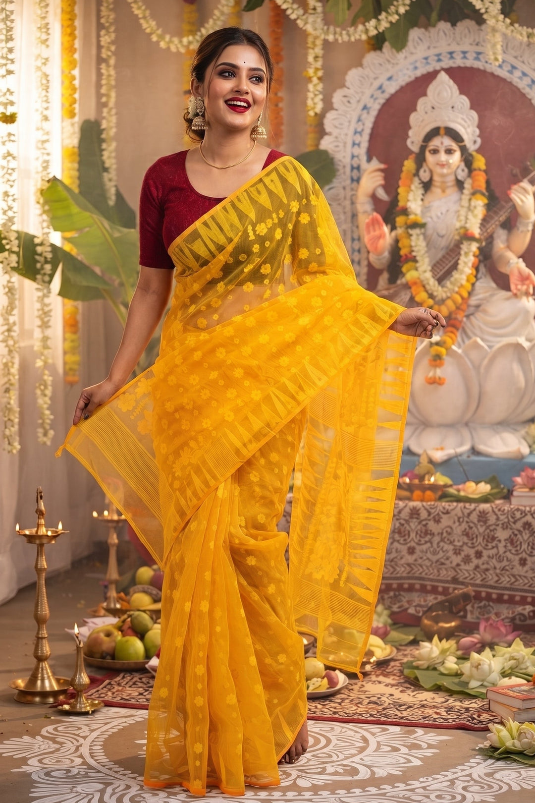 Suranjali Bengal Jamdani Saree (Yellow)