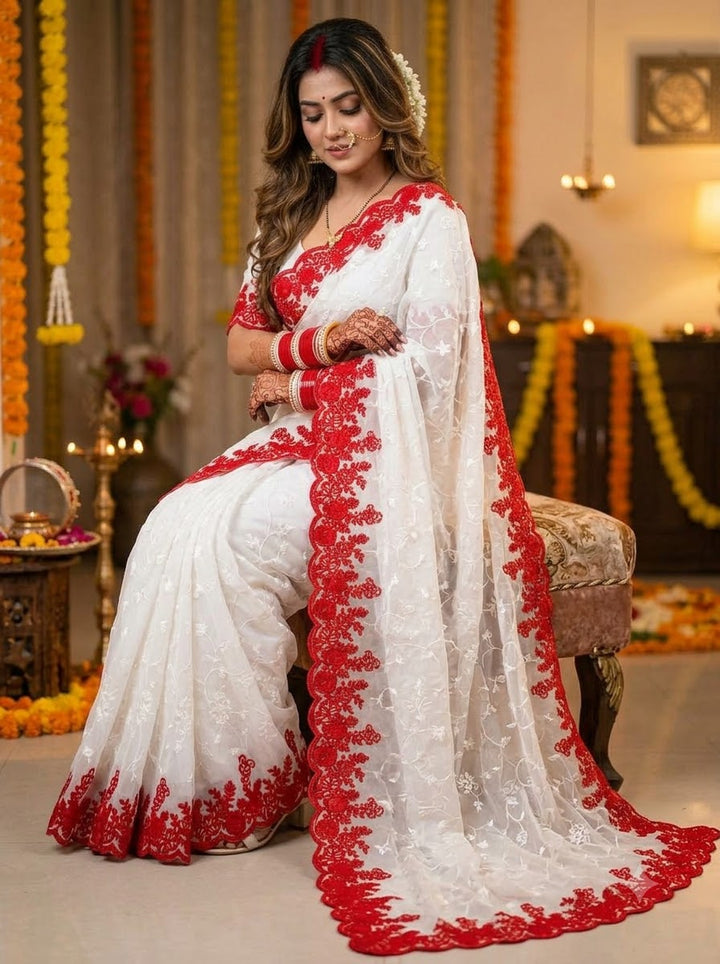 Chosen for Forever – Floral Embroidered Georgette Silk Saree