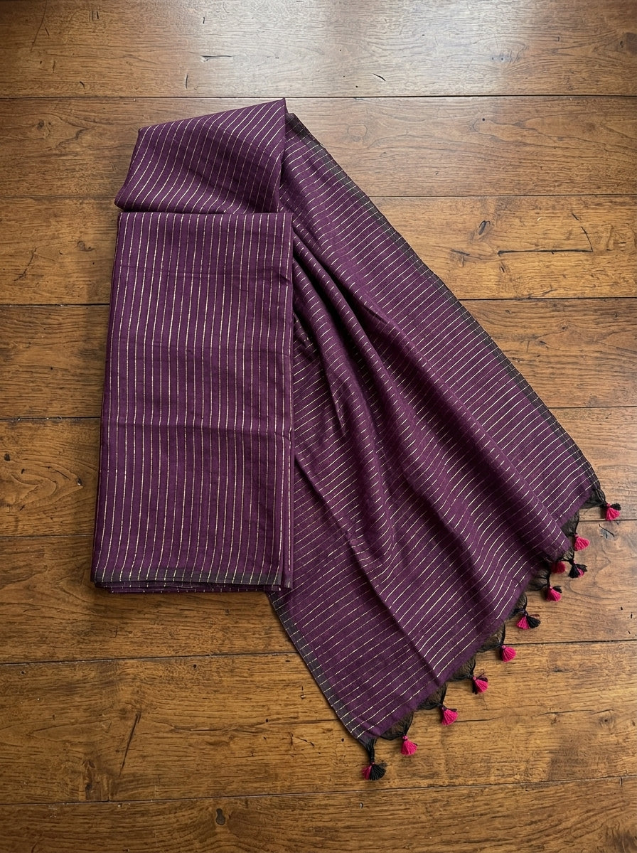 Bengal Khadi Saree Purple Stripe