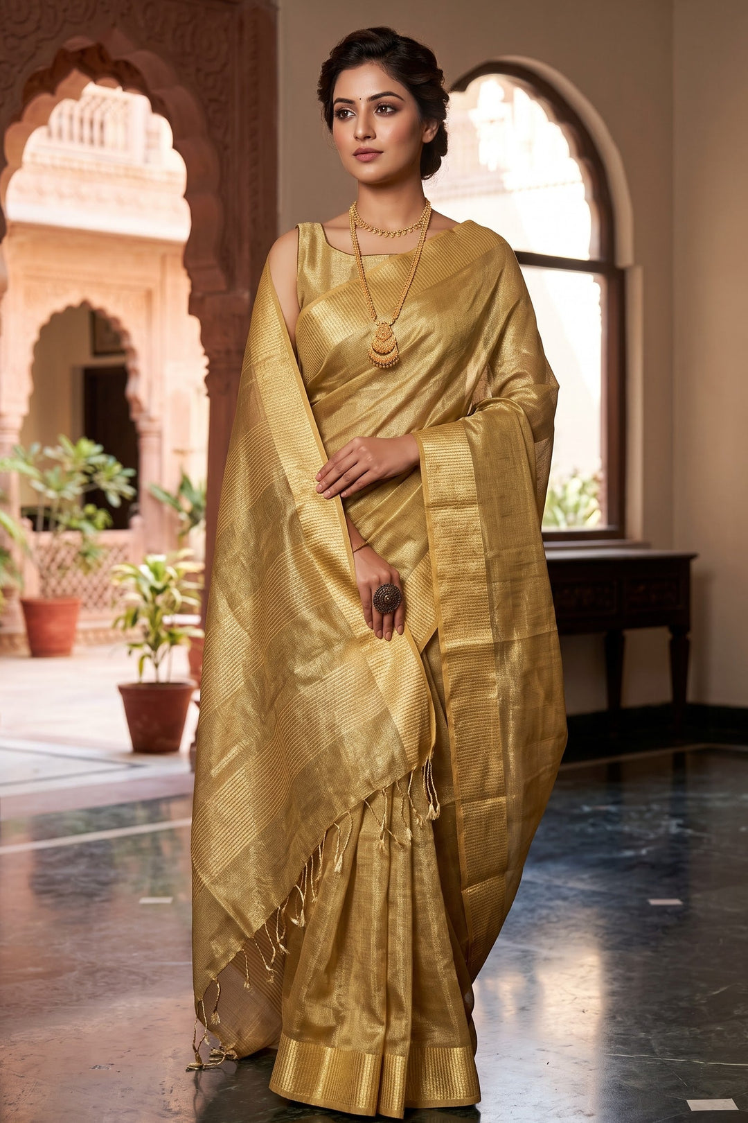 Golden Pure Handwoven Tissue Linen Saree