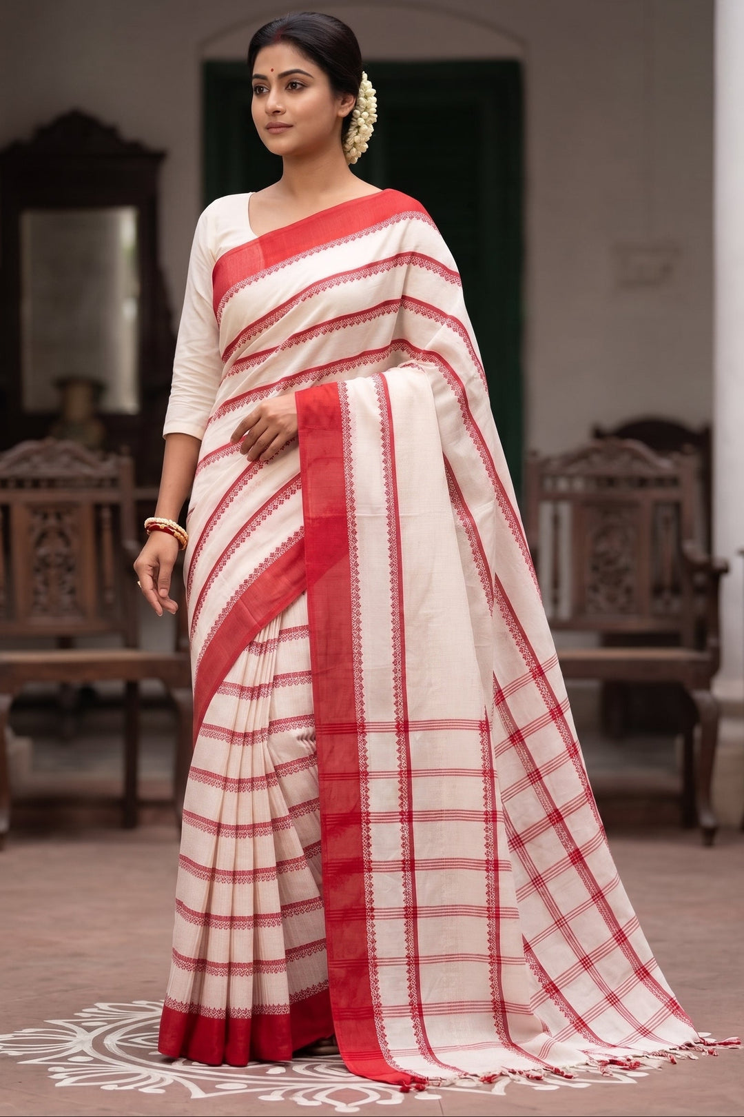 Shwetanjali Stripe Khadi Saree