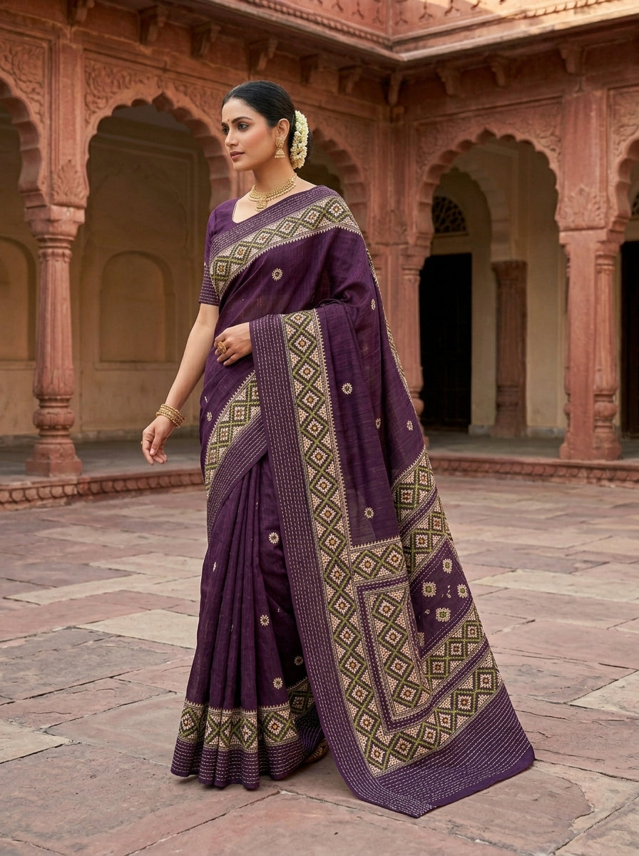 Ruprekha Semi Matka Silk Gujarati Print Kantha Border Saree