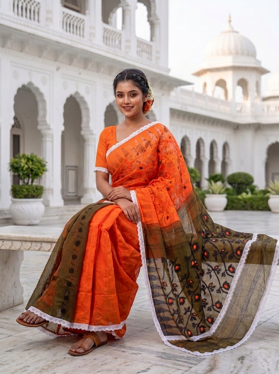 Binodini Bengal Jamdani Saree(Orange-brown)