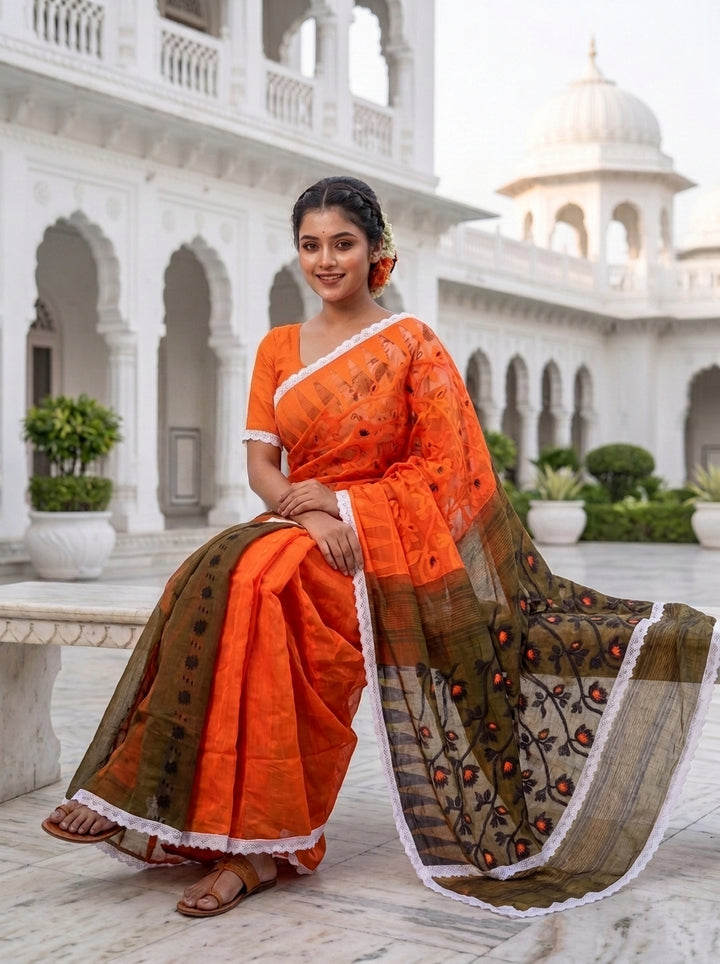 Binodini Bengal Jamdani Saree(Orange-brown)