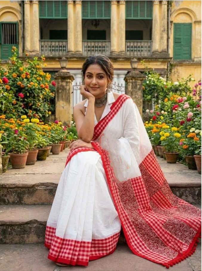 Aruneshi - Cotton Saree With  Gamcha Mismatched pallu