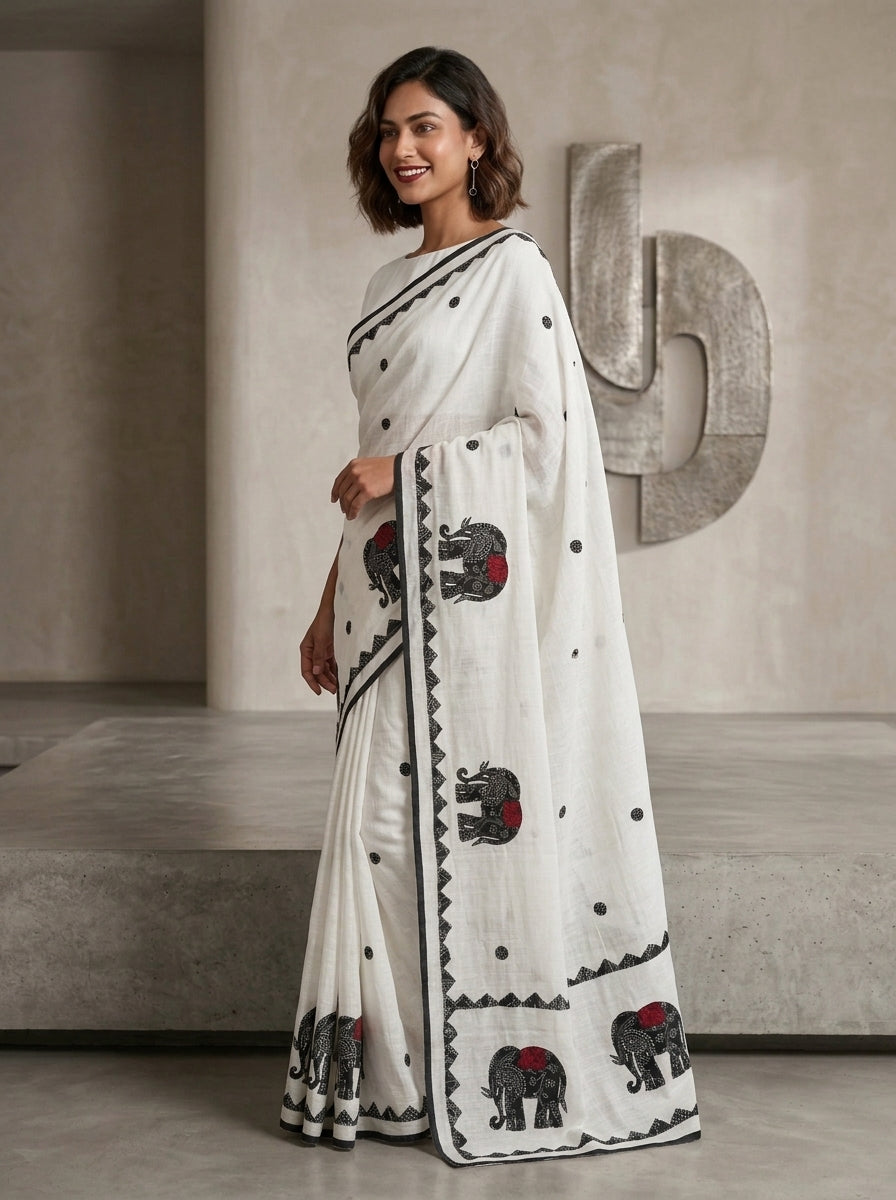 Rajhasti Khadi Linen Appliqué Work Saree