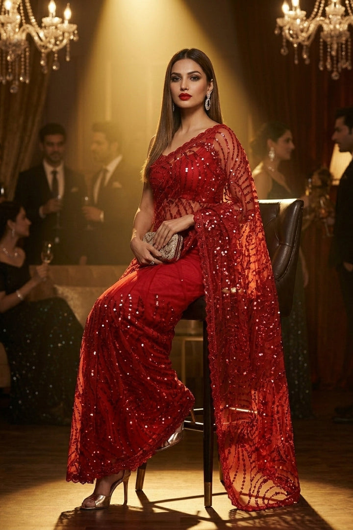 Dilruba Crimson Designer Net Saree