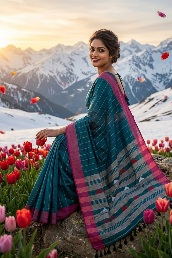 The Royal Drape Cotton Saree (Pink & Blue)