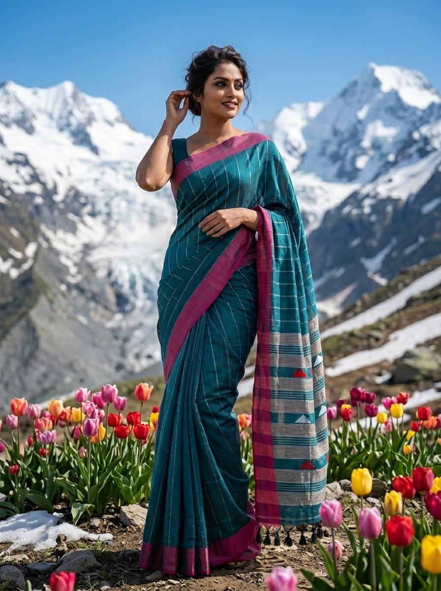 The Royal Drape Cotton Saree (Pink & Blue)
