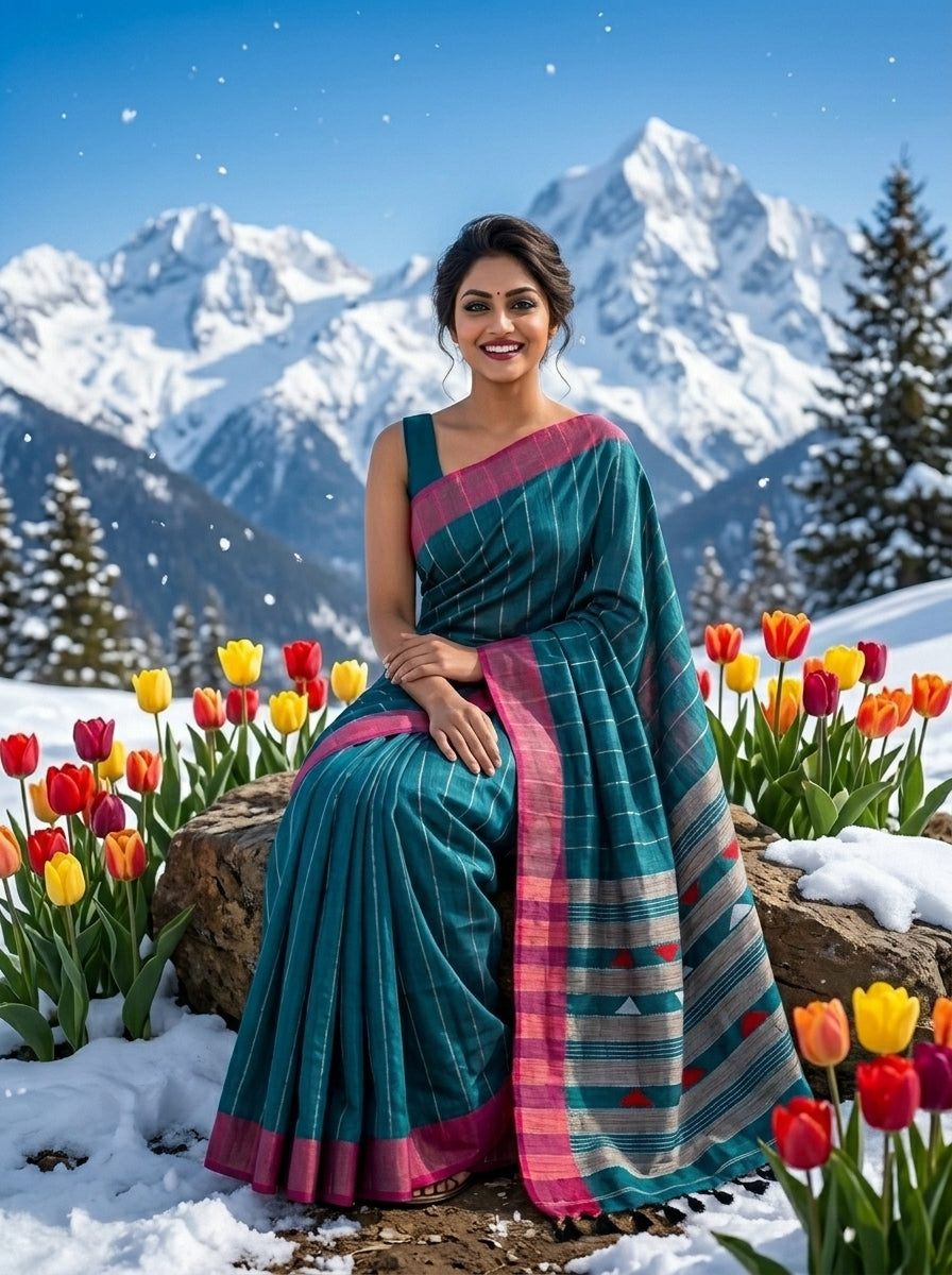The Royal Drape Cotton Saree (Pink & Blue)