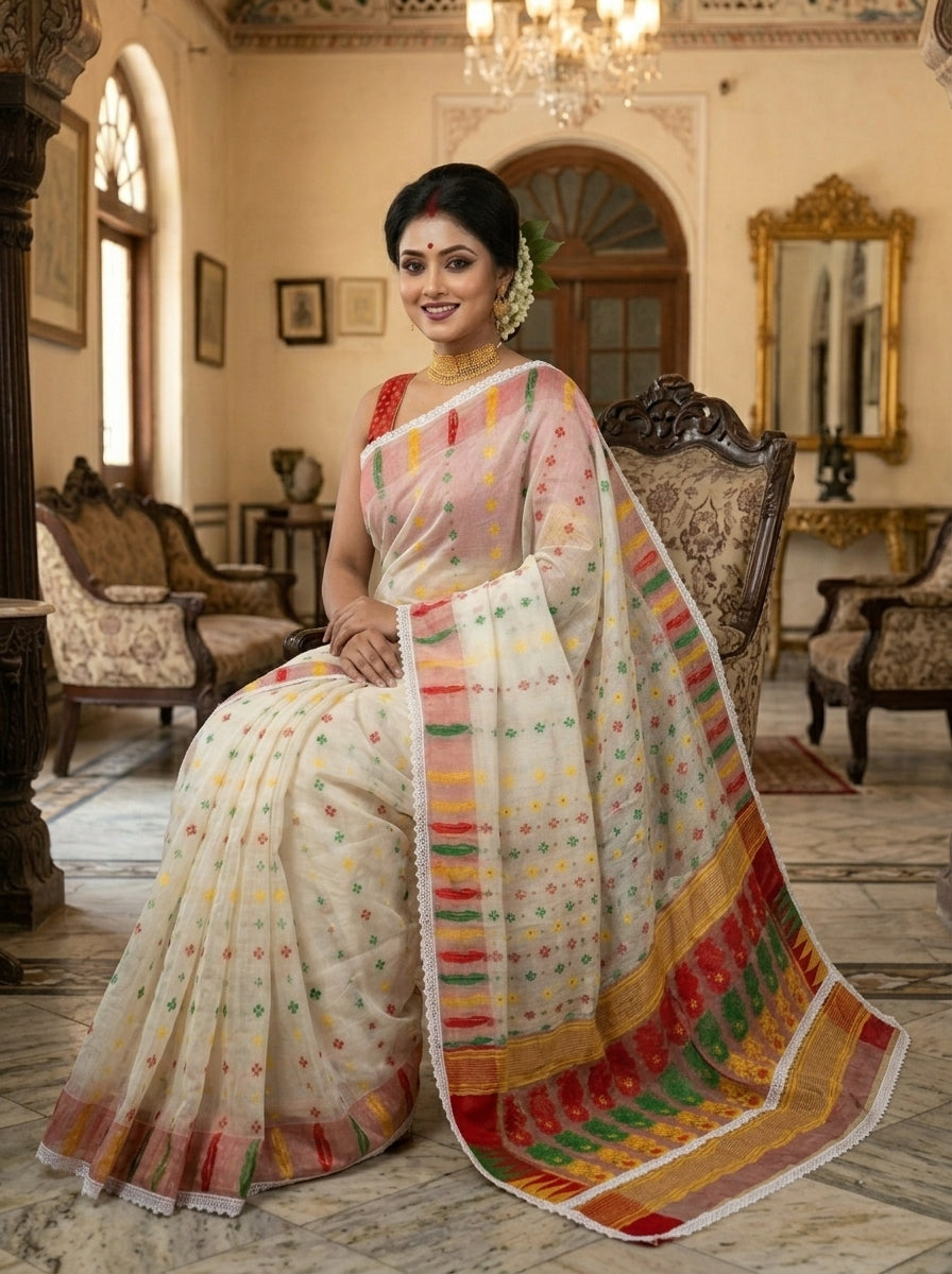 Binodini Bengal Jamdani Saree (White, Red Border)