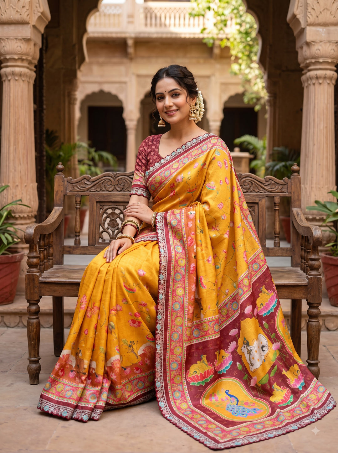 ✨ Madhabh Maya Premium Soft Dola Crepe Kalamkari Silk Saree ✨