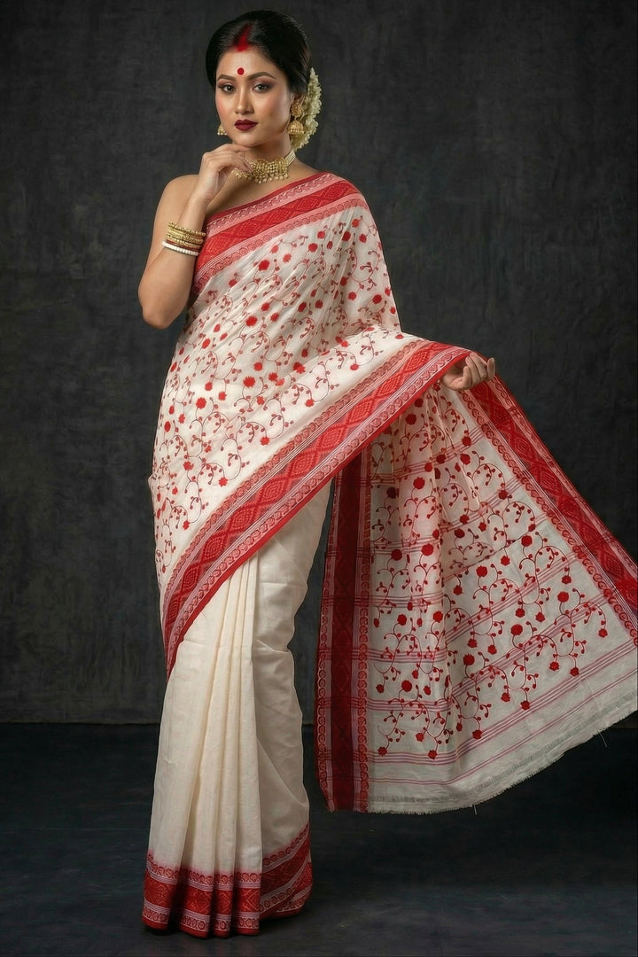 Ashtami Tangail Tant Cotton Saree(Floral Embroidery)