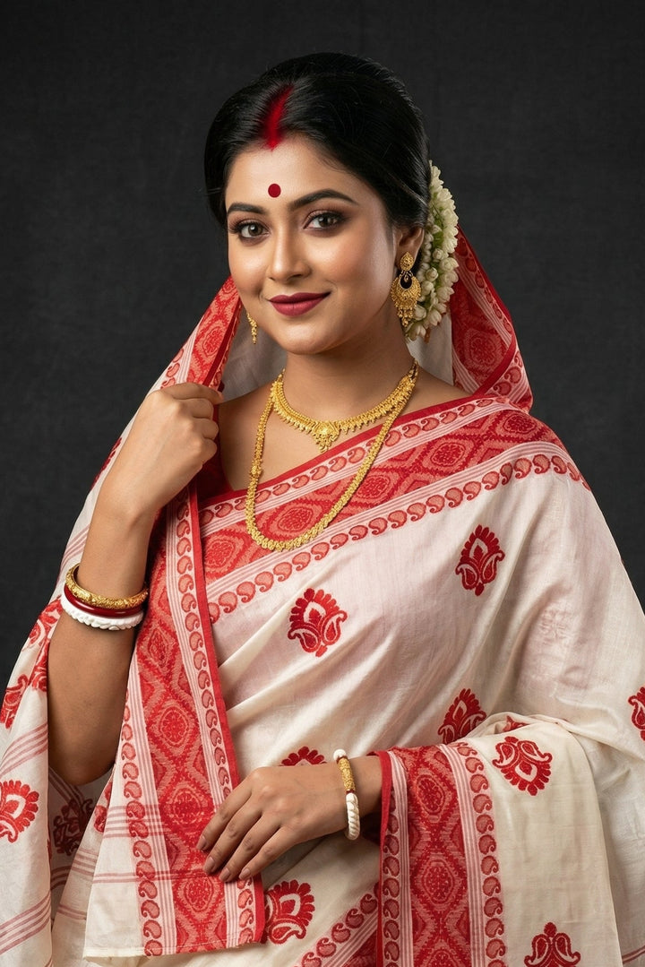 Ashtami Tangail Tant Cotton Saree(Kolka Embroidery)