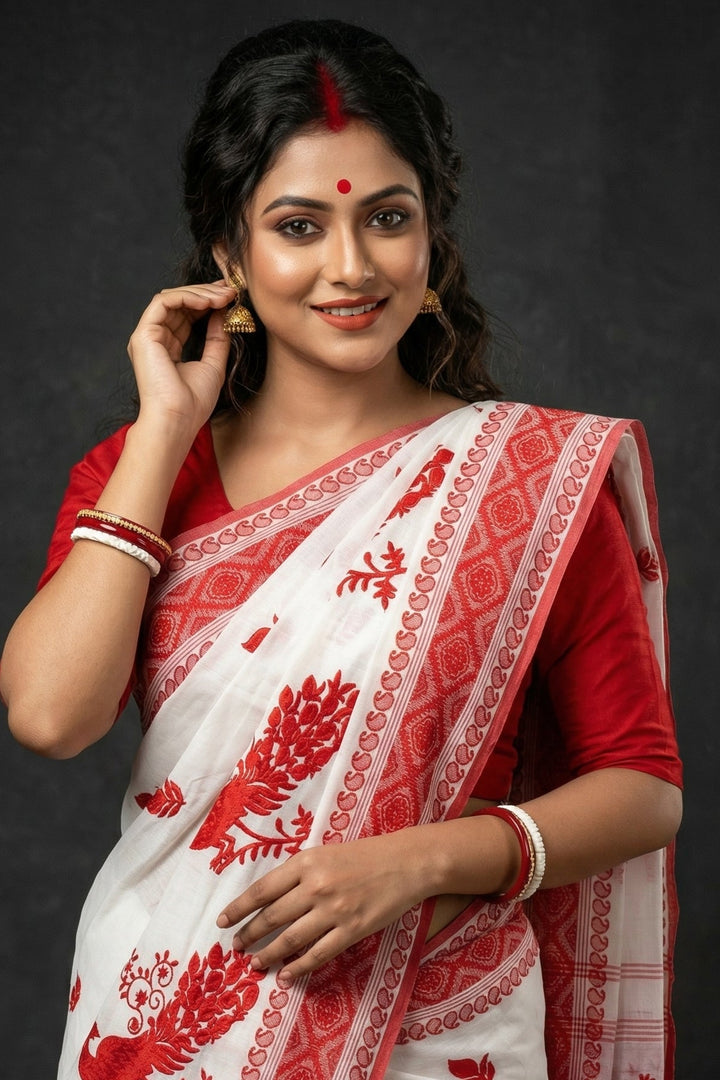 Ashtami Tangail Tant Cotton Saree(Peacock Embroidery)