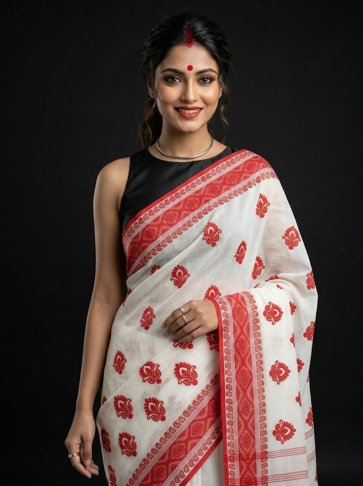 Ashtami Tangail Tant Cotton Saree(Kolka Embroidery)
